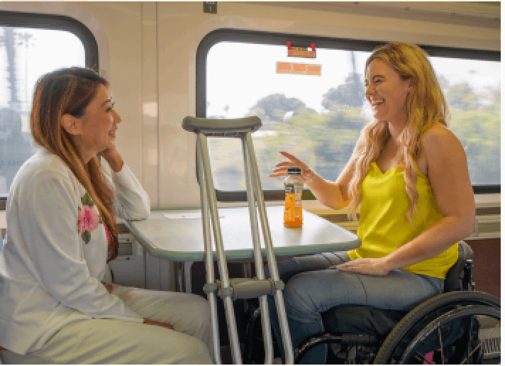 Passenger using wheelchair onboard train
